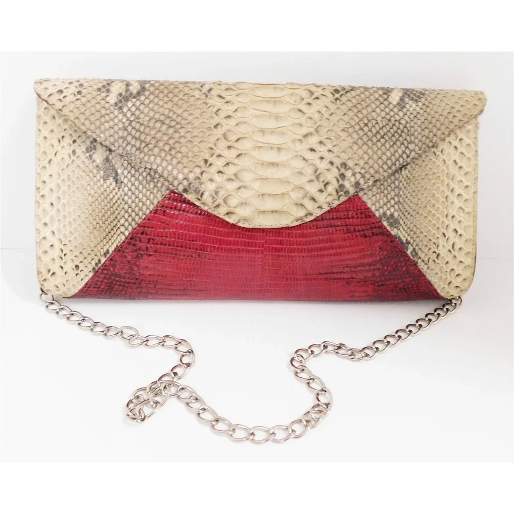 Eileen Kramer Genuine Python Red Lizard‎ Reptile Clutch Shoulder Bag